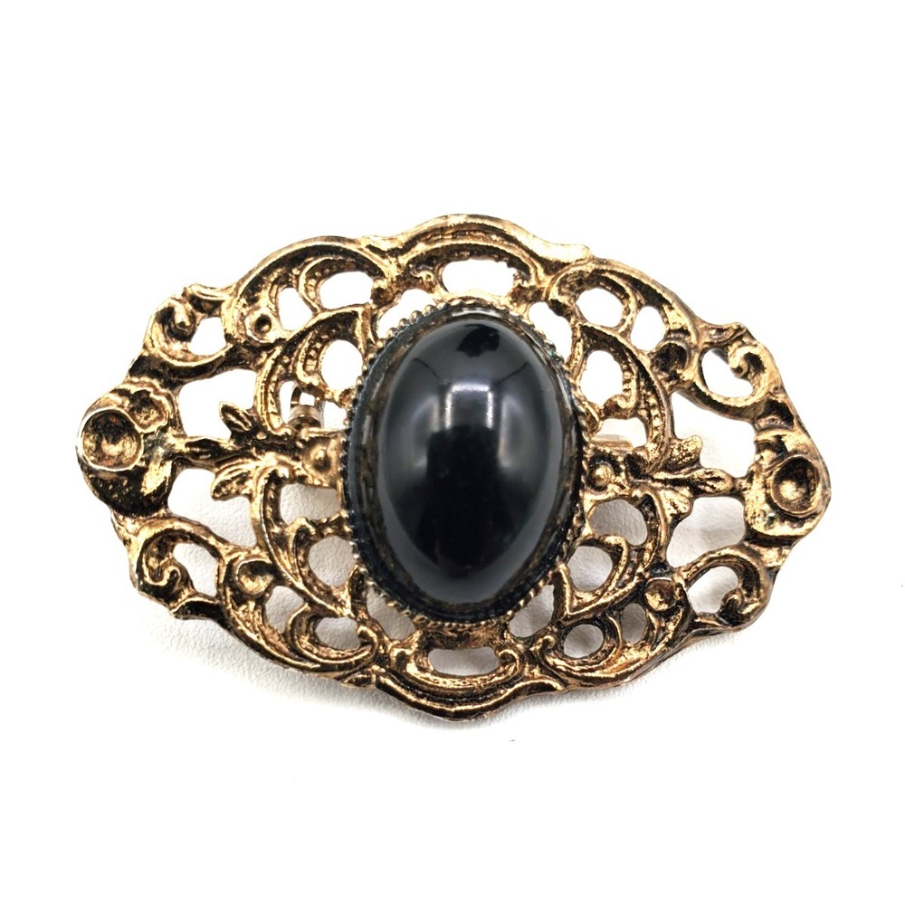 Vintage Gold Tone Filigree Black Stone Brooch Pin